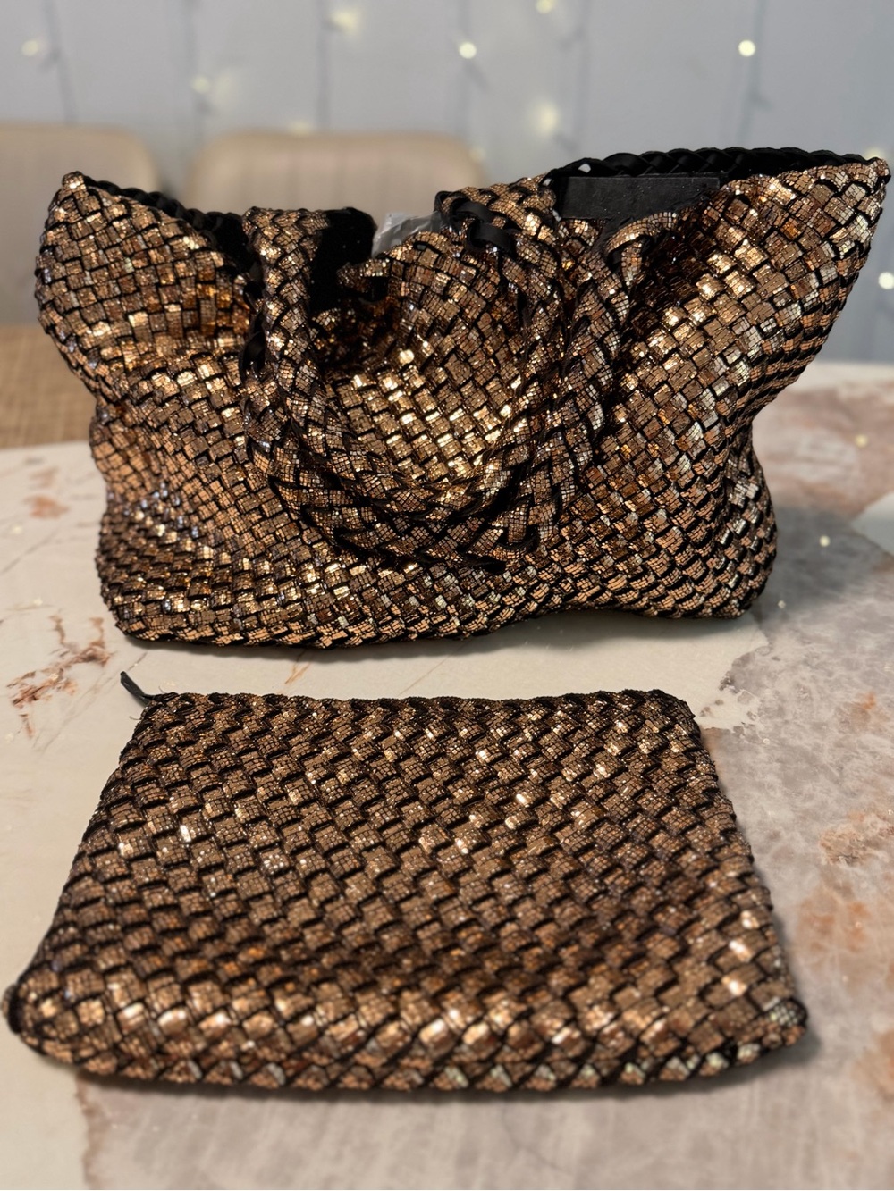 NAGHEDI Metallic Bronze Woven Tote Bag & Matching Zip Pouch Set